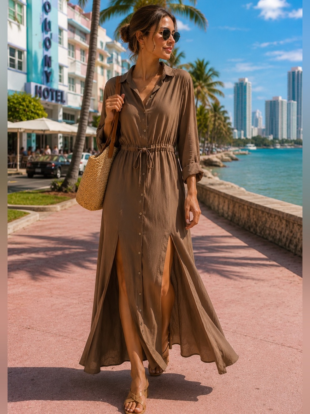cinq a sept Brown Button-Front Long Sleeve Tie-Waist Dress